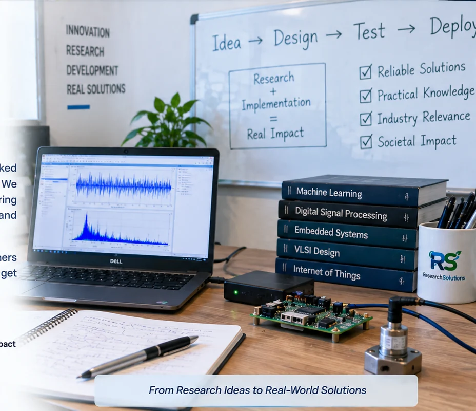 Research and engineering workspace with electronics, signal analysis and prototype development